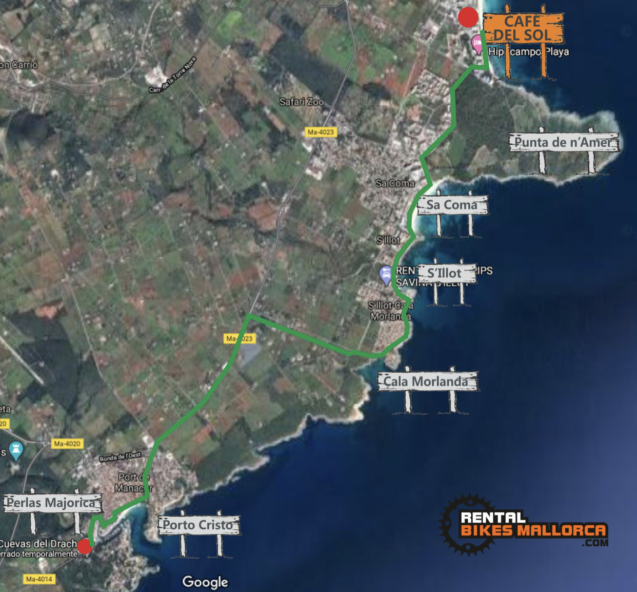 Alquiler de bicicletas Mallorca.Mapa Porto Cristo pueblo costero.IMG