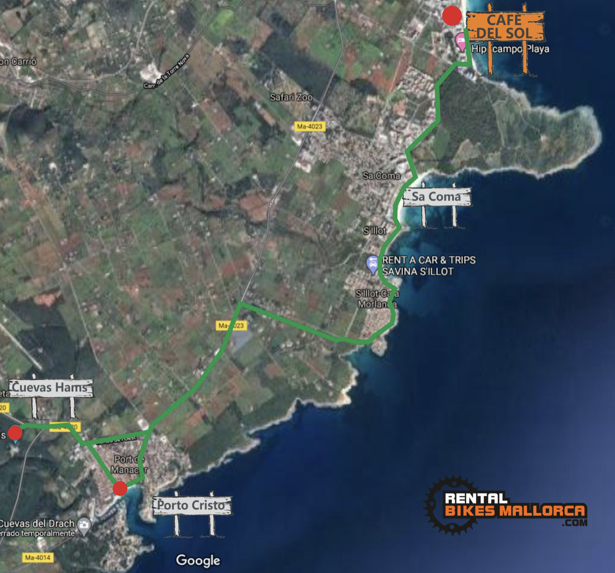 Alquiler de bicicletas.Mapa Porto Cristo cuevas Hams.IMG