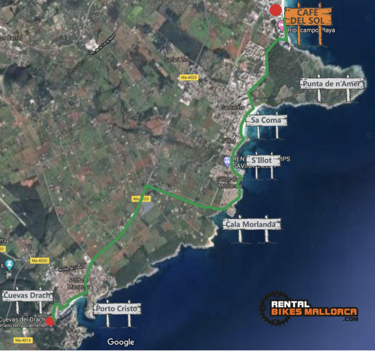 Alquiler de bicicletas Mallorca. Mapa Porto Cristo Cuevas